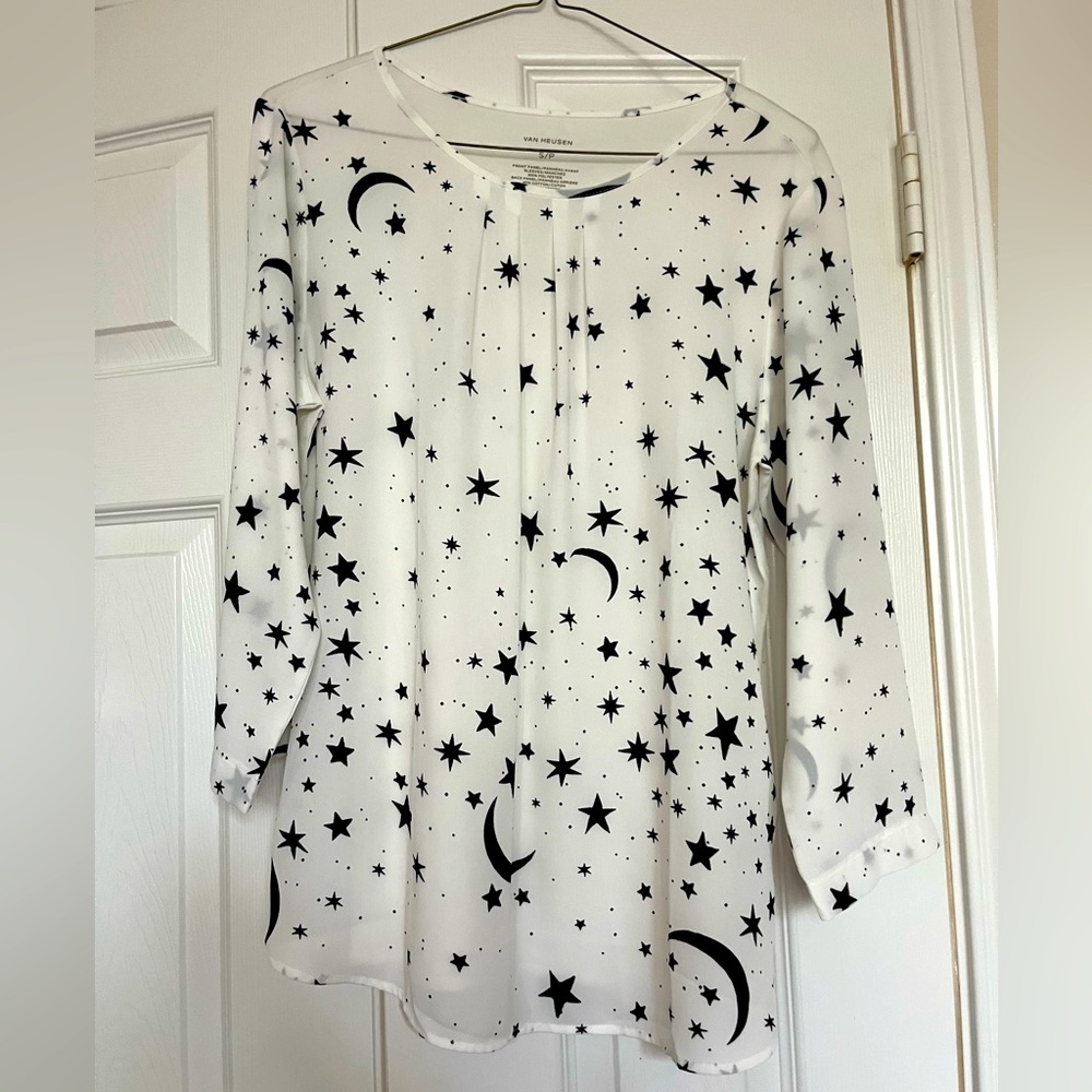 Black and White Star Moon Galaxy Patterned Blouse